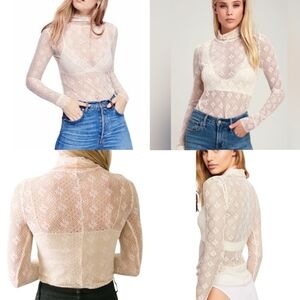 Free People Sweet Memories Lace Turtleneck Sheer Top Cream Women Size M Feminine
